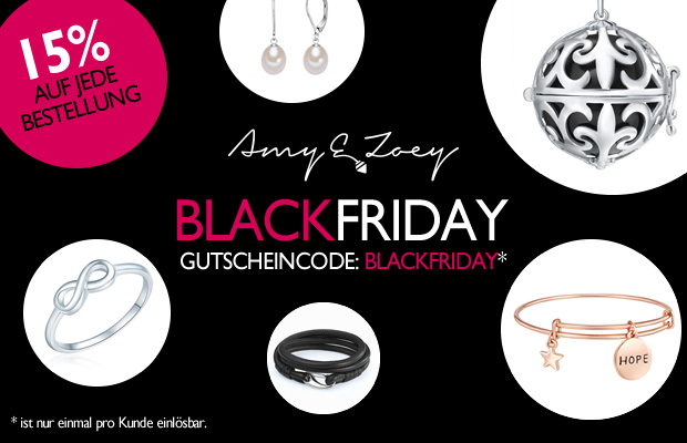 Einmalige 15 Prozent auf die gesamte Schmuck Kollektion von Amy Zoey am Black Friday BlackFriday