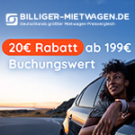 Jetzt bei billiger mietwagen.de buchen und 20 Euro sparen
