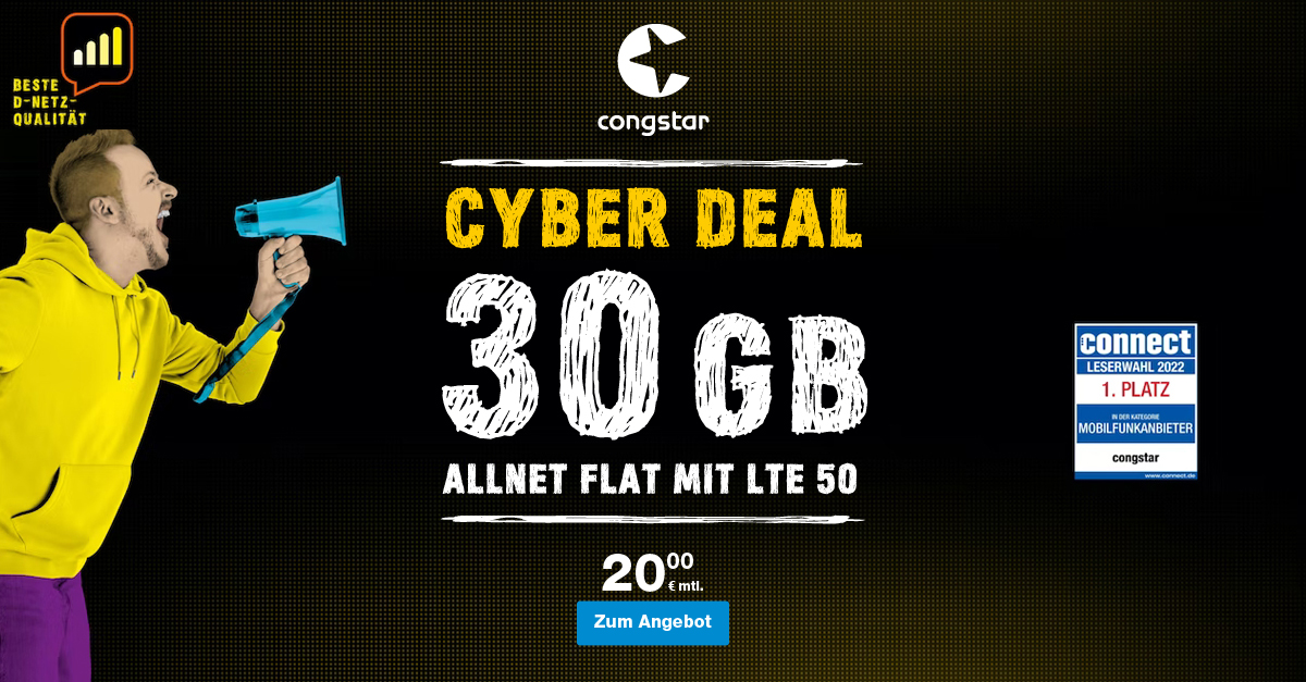 congstar Cyber Deal – Allnet Flat M mit 30 GB für 20€/mtl.
