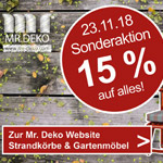 Große Sonderaktion bei Mr Deko, 15% Rabatt auf Strandkörbe und Gartenmöbel.